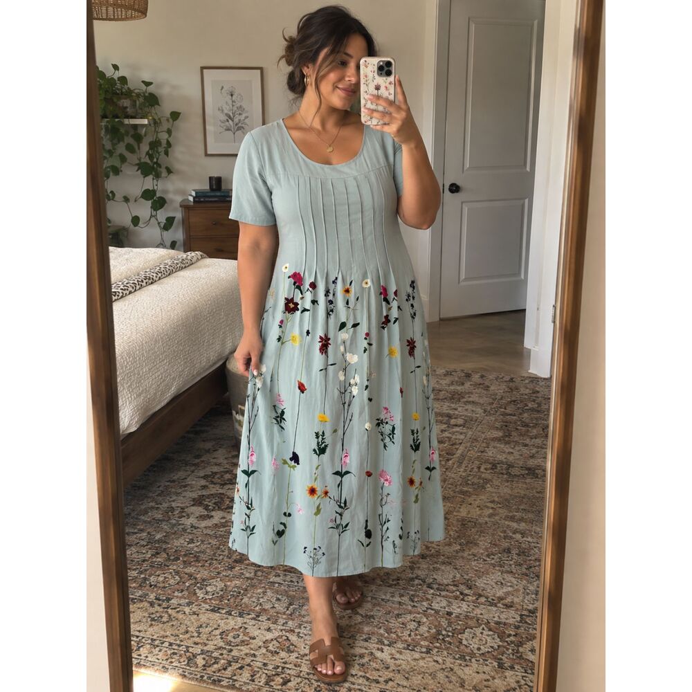 Womens XL Pale Green Floral Border Print Midi Dress Pleated Yoke Relaxed Fit